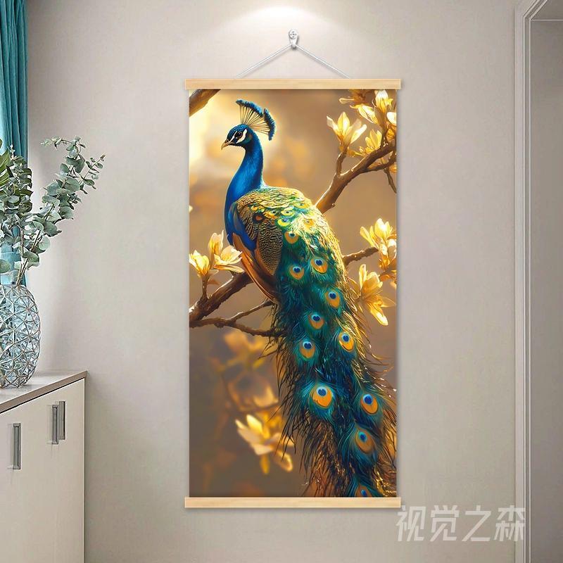 孔雀挂画新中式客厅装饰画入户玄关画正对面餐厅走廊过道遮挡壁画图片
