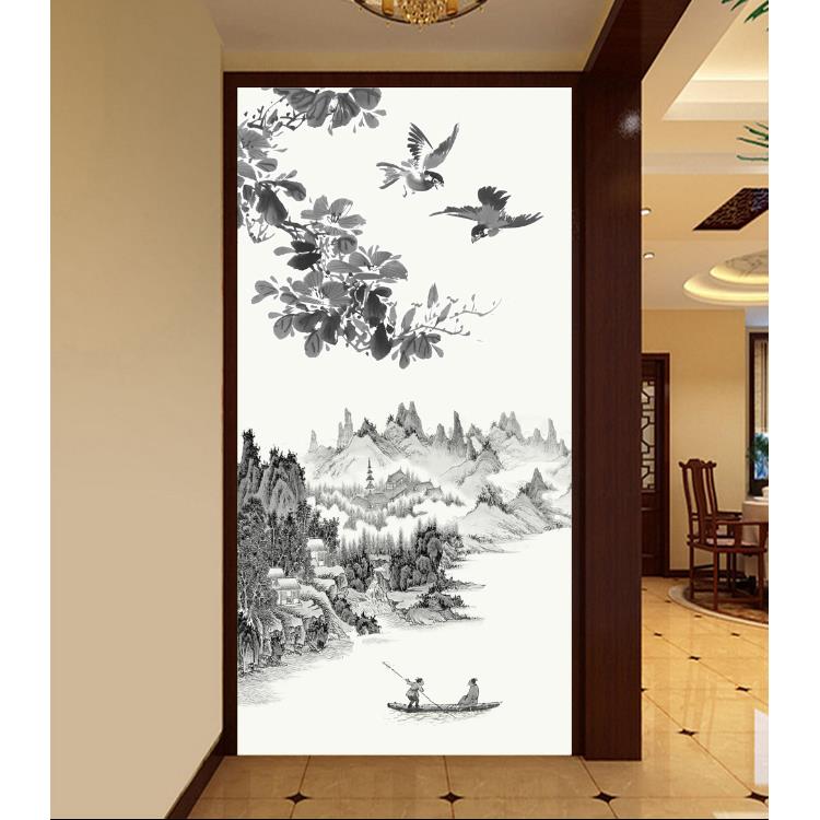自粘贴纸水墨山水画装饰画客厅餐厅无框贴画竖版走廊过道壁画玄关图片