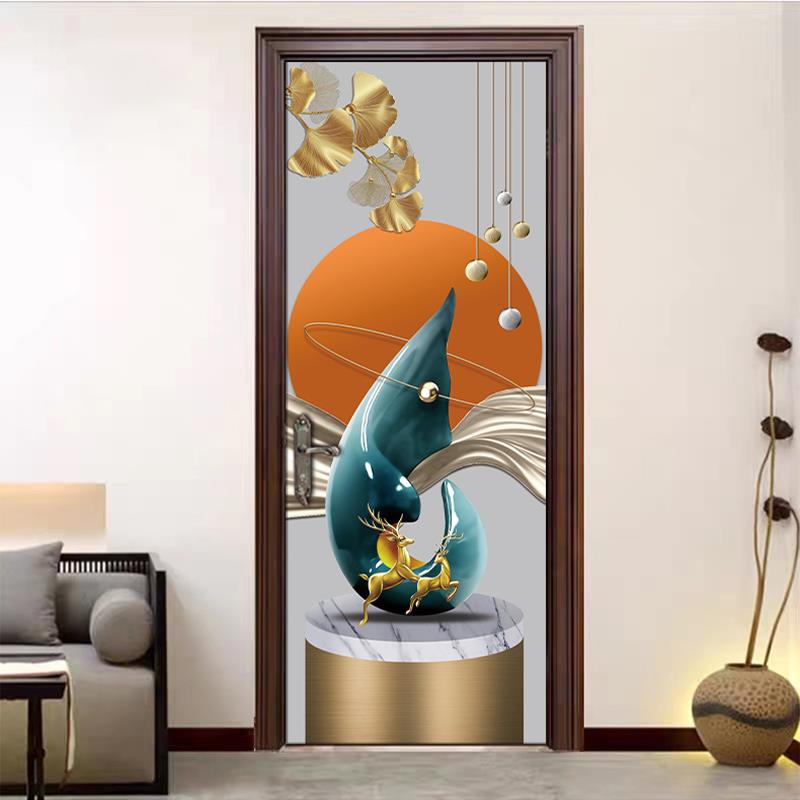 水井门贴纸入户木门衣柜翻新装饰遮丑贴纸轻奢几何麋鹿加厚自粘膜