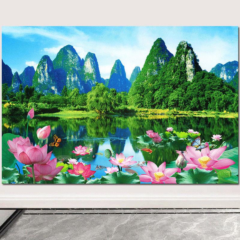 荷花装饰画莲花自粘画荷池山水风景客厅沙发背景墙贴壁画挂画海报图片