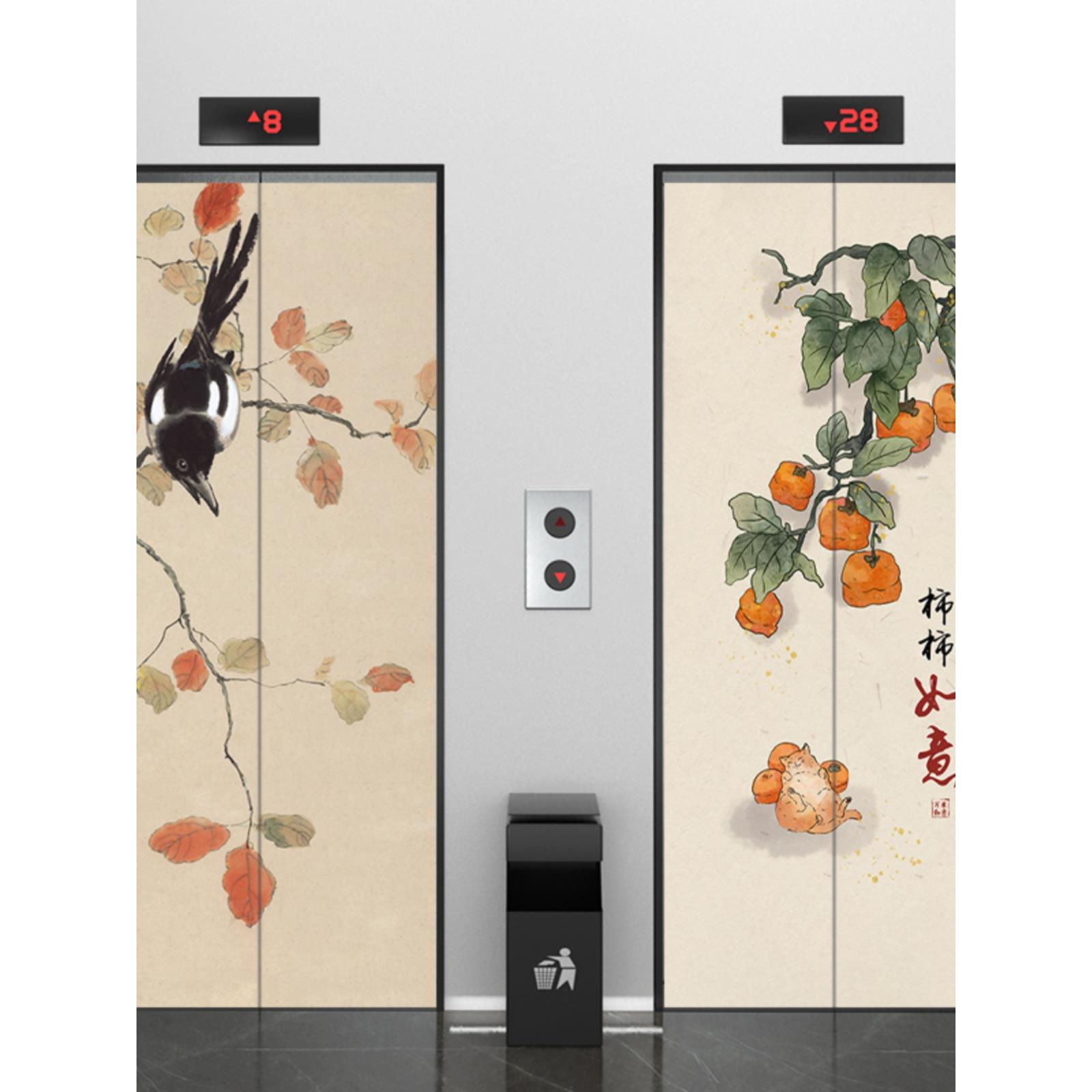 中式电梯门贴纸画中国风入户电梯防火门装饰美化翻新防水自粘定制