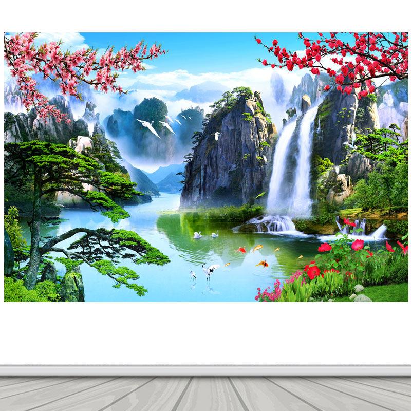 富水长流迎客松风景贴纸画客厅办公室背景墙招财画海报自粘墙贴画