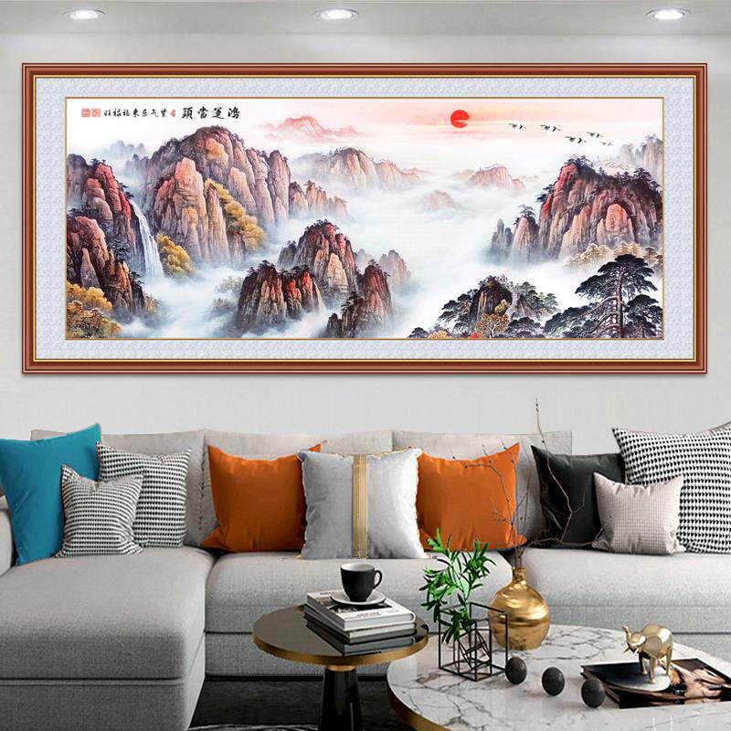 自粘壁画画客厅装饰画靠山图沙发背景迎客松山水画泰山日出九鱼图