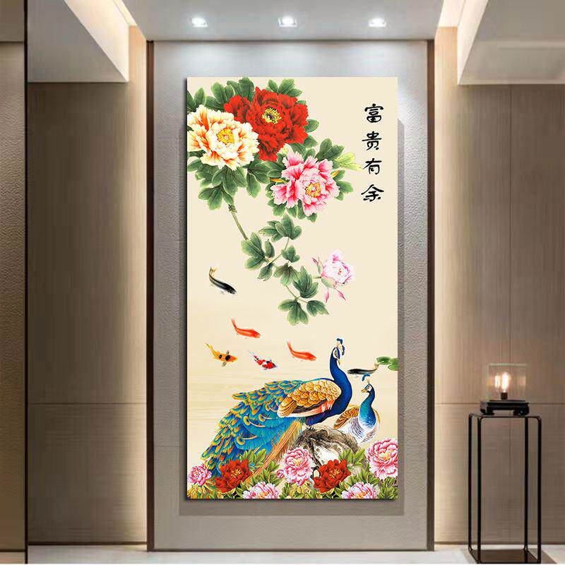 花开富贵海报壁画山水花鸟孔雀牡丹挂画图贴竖版入户玄关装饰贴画