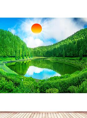 聚宝盆招财风水画日出东方树林树木山林湖水湖泊装饰绿色风景自粘