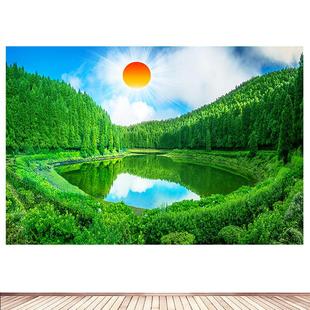 聚宝盆招财风水画日出东方树林树木山林湖水湖泊装饰绿色风景自粘