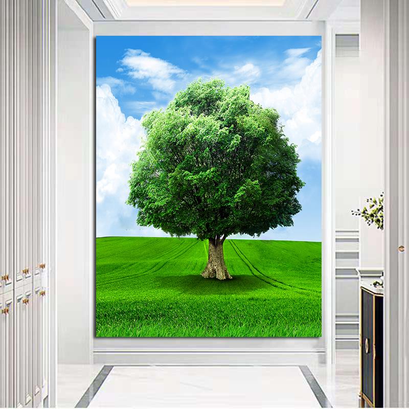 田园风光草原玄关入户招财风景画一颗大树绿色护眼卧室墙贴自粘画