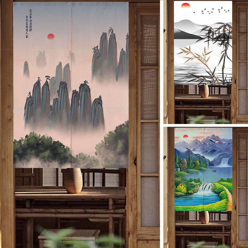中式水墨山水禅意布艺门帘卧室油画麻布半帘厨房卫生间免打孔挂帘