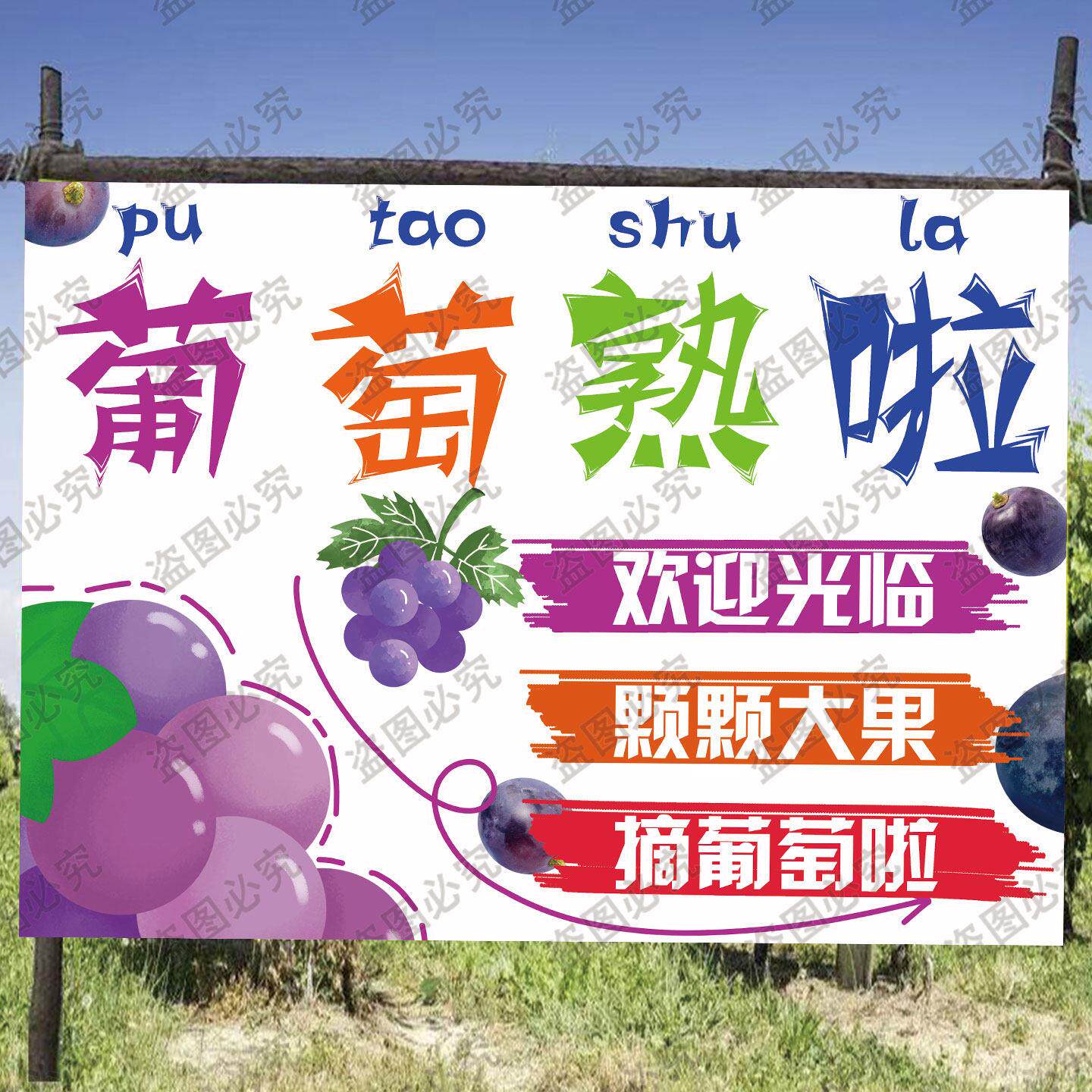 田园葡萄采摘主题方布 果园亲子游玩打卡宣传场景创意装饰挂布