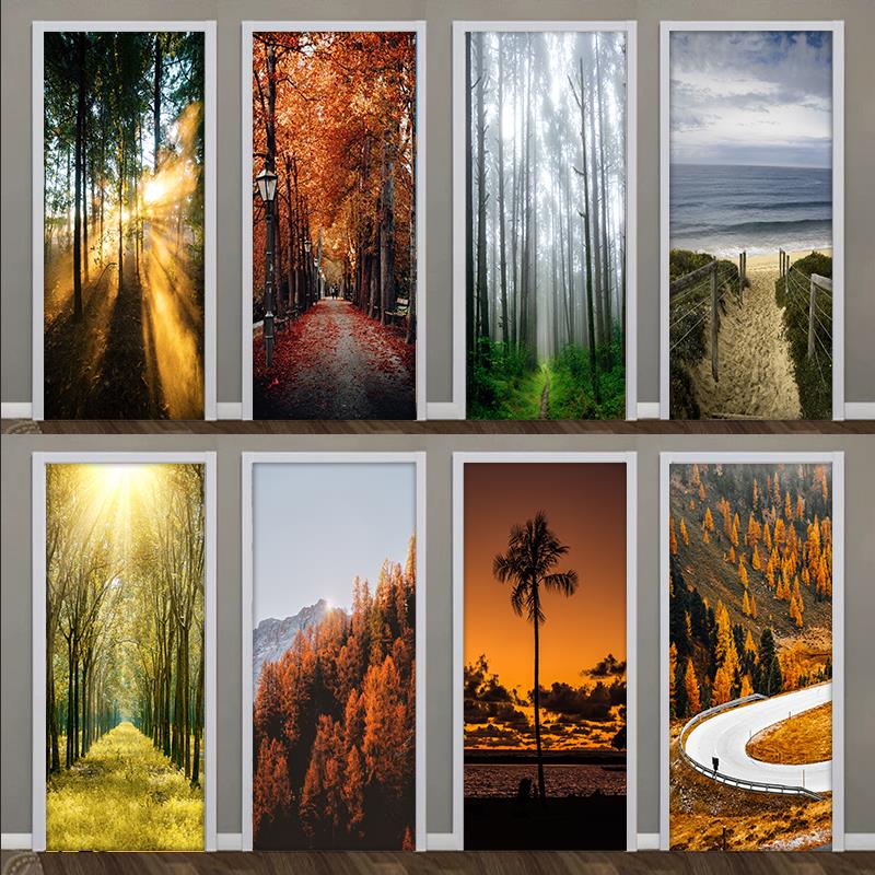 森林风景门贴画整张自粘装饰卧室木门衣柜厕所玻璃移门防水贴纸