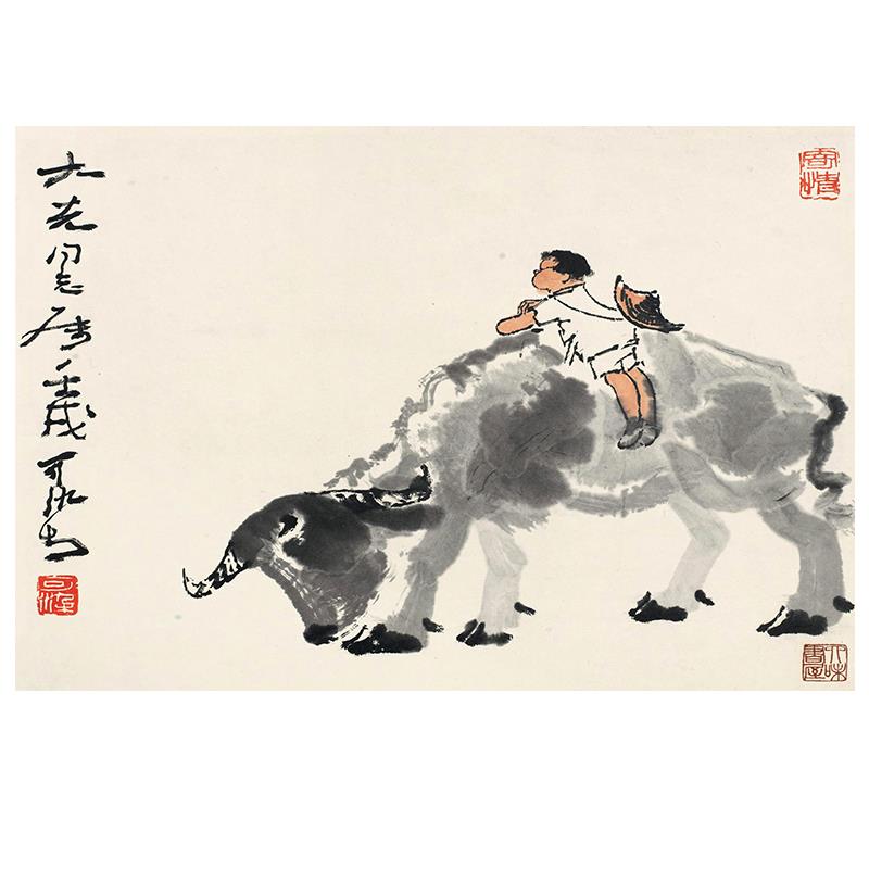 牛画牧童骑牛李可染水墨画客厅茶室民宿酒店走廊墙画自粘喷绘布画