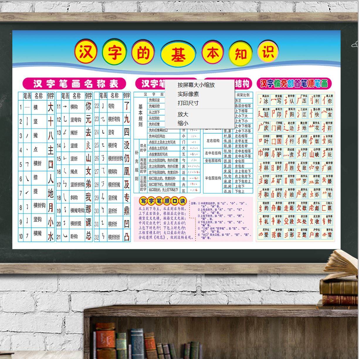 汉字基本知识挂图笔画名称表偏旁部首笔顺间架结构口诀小学墙贴画