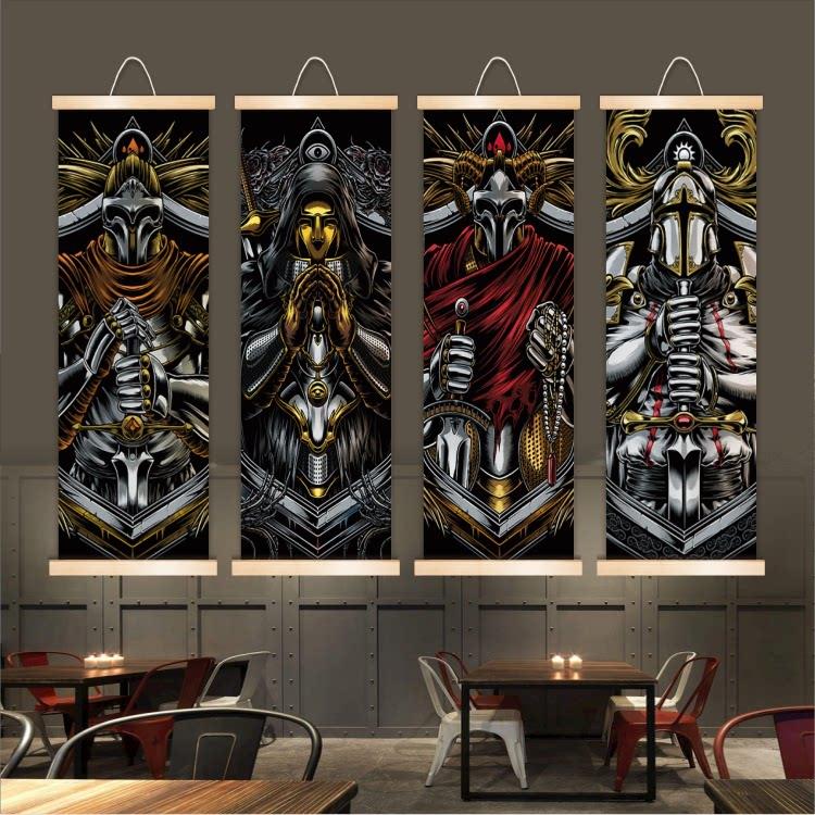 北欧工业风loft骑士武士人物装饰画餐厅酒吧个性组合实木卷轴挂画