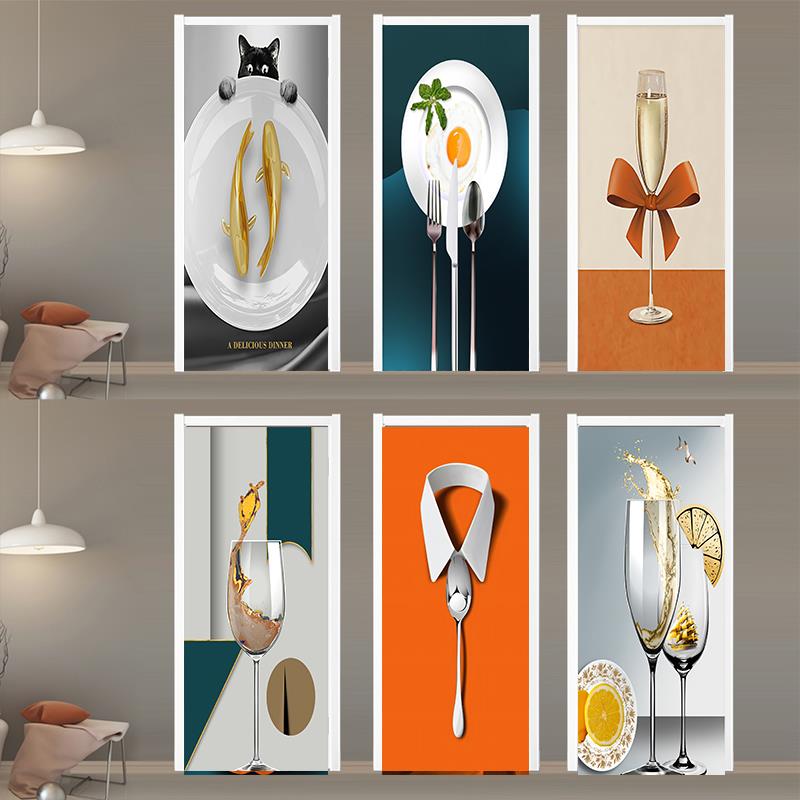 创意北欧厨房门贴纸整张自粘装饰遮丑玻璃橱衣柜旧餐厅房门贴画