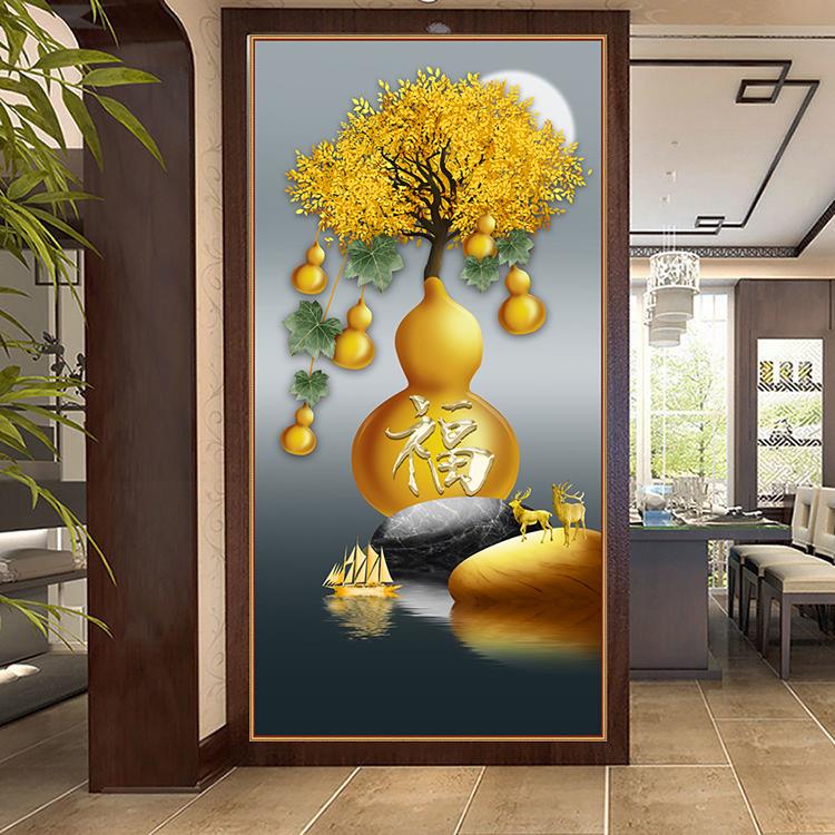 金色葫芦发财树五福图现代轻奢麋鹿图玄关装饰画帆船自粘壁画墙贴