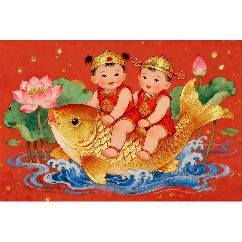 爆款年画风可爱娃娃多子多福双胞胎自粘贴画自带背胶卧室助孕贴纸