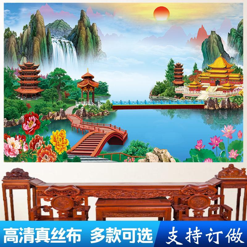 真丝布人间仙境山水风景亭台楼阁无动物仙家装饰画仙堂背景图壁布