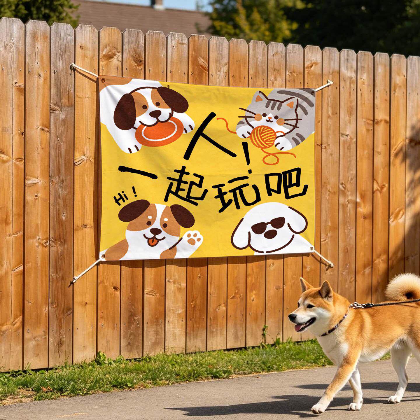 原创卡通宠物横版挂布户外庭院猫狗基地场景布置装饰布拍照背景布