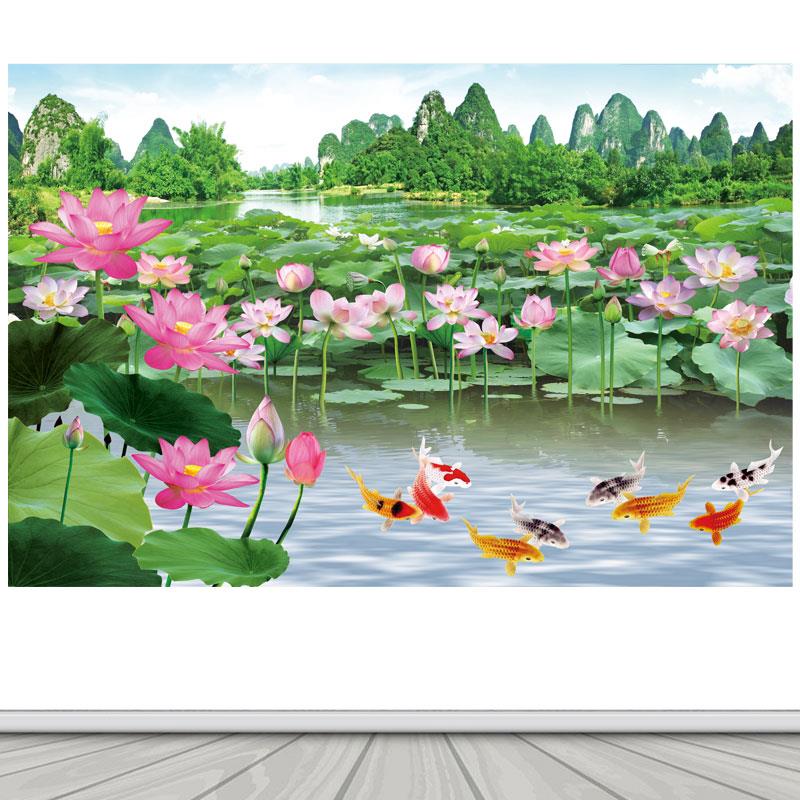 荷花九鱼图风景装饰画客厅办公室背景墙青山绿水图海报自粘贴纸画图片