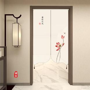 禅意门帘荷花客厅卧室卫生间玄关半透隔断帘风水半帘免打孔 新中式