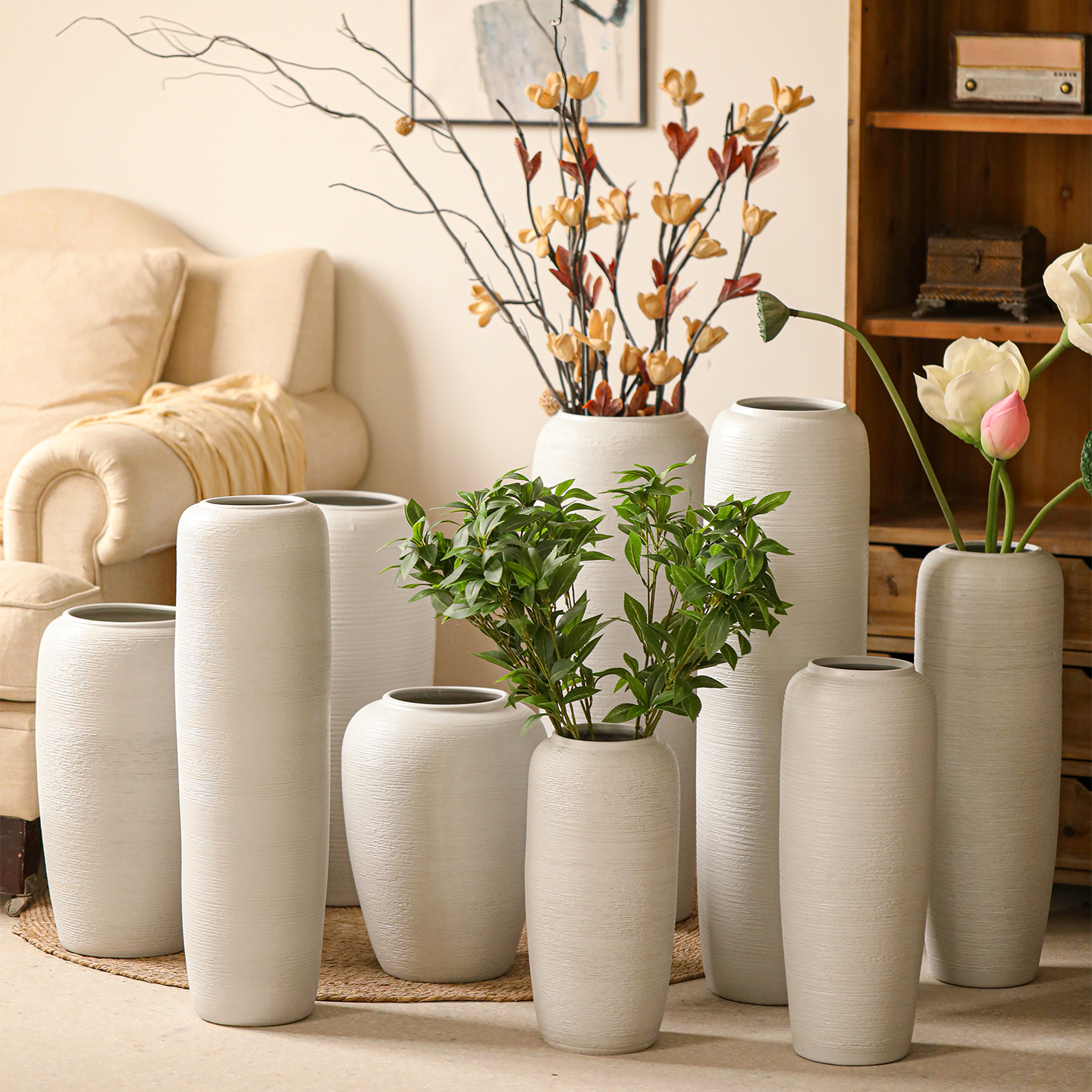 景德镇现代简约手工陶瓷花瓶白色螺纹粗陶罐客厅书房家居装饰摆件