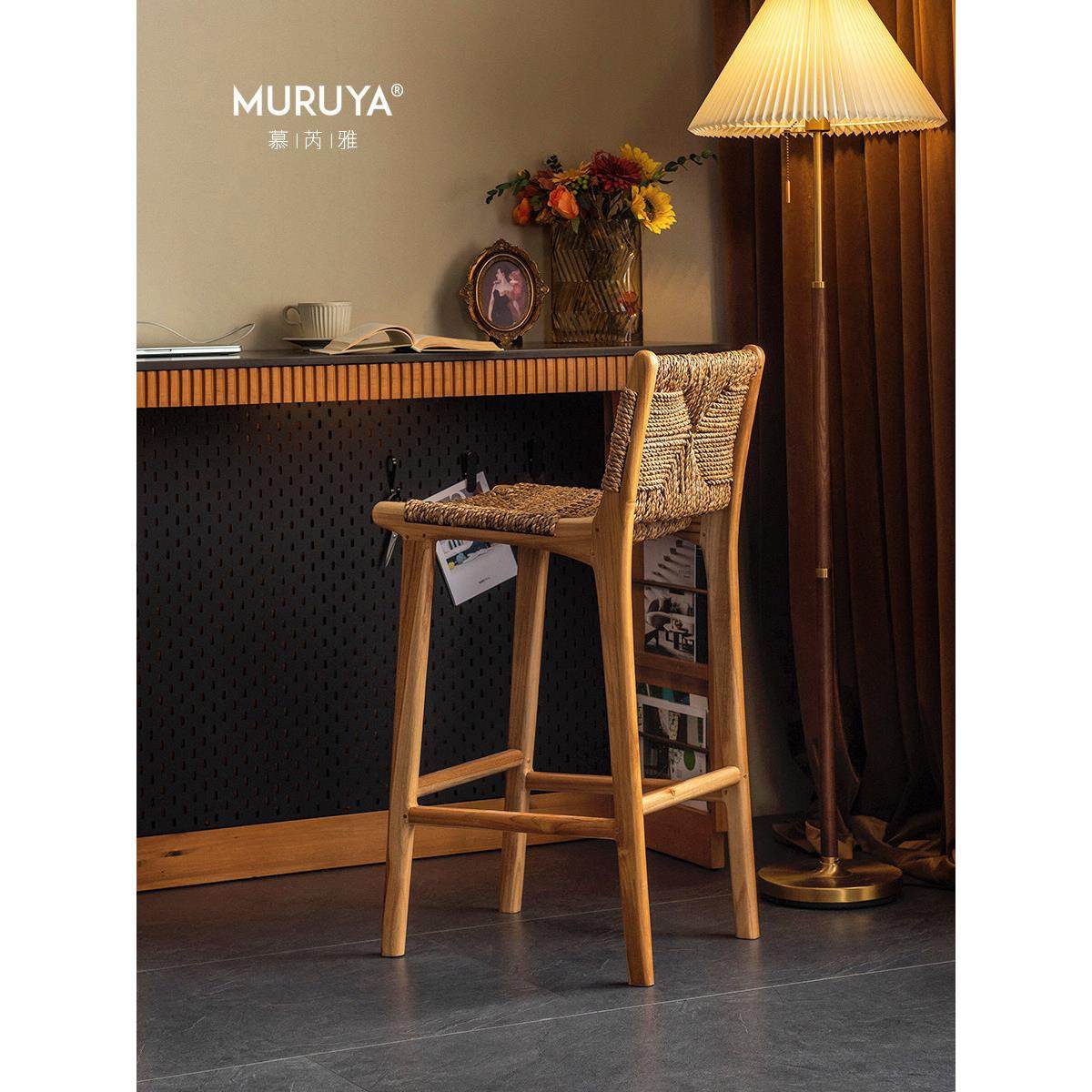 慕芮雅实木家用岛台餐椅民宿吧台椅设计师高脚椅藤编北欧复古凳,住宅家具,家用高脚椅,淘宝优惠券,粉丝福利购,淘宝优惠卷