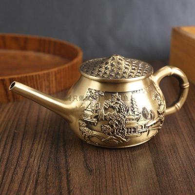 全黄铜山水楼阁长嘴斗笠渔翁茶壶纯铜精美茶具茶柜装饰摆件鱼翁壶
