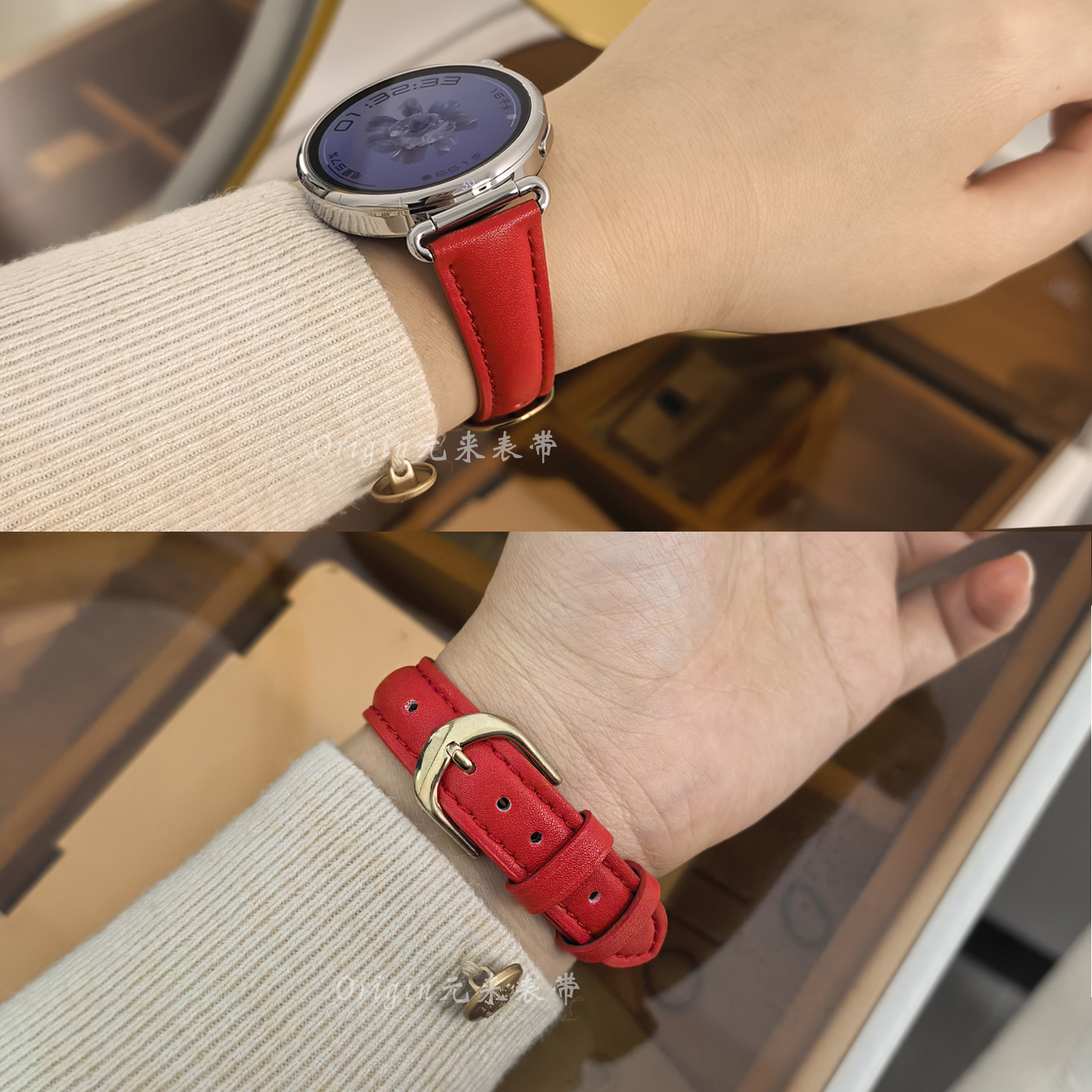 适用于华为手表GT4/6/5真牛皮表带Watch45柔软小蛮腰圣诞新年红色