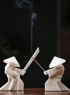 创意新中式陶瓷武士侠客桌面摆件香插香器客厅电视旁家居软装饰品