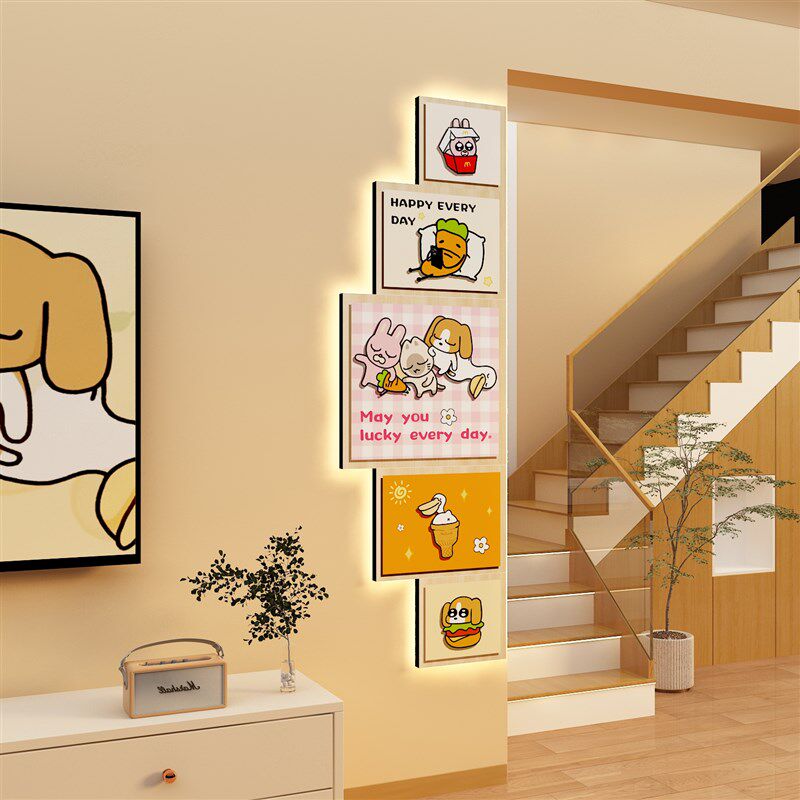 暹罗厘普电视机背景大白墙装饰改造壁灯画卡通转角奶油风布置挂件