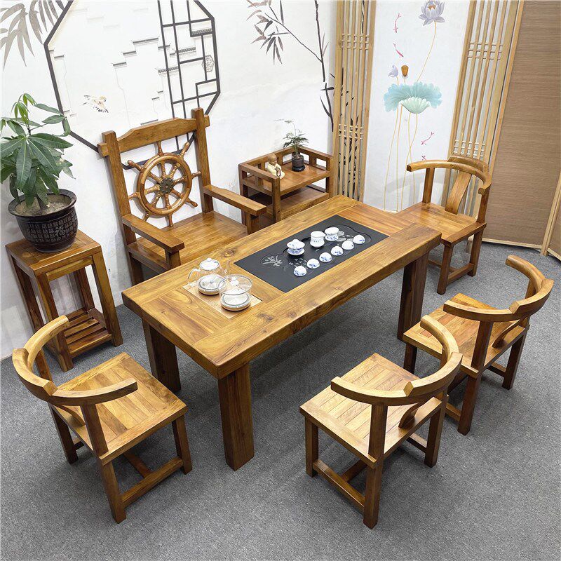 老船木茶桌椅组合办公室仿古茶台一桌五椅中式简S约茶几家用全实