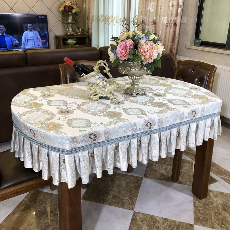 欧式餐桌布布艺折叠圆桌桌布全包台布家用蓝M色椭圆形餐桌套罩定