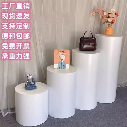 白色橱窗模特底j座商用圆形烤漆展示台花店地台木质圆柱展会摆台