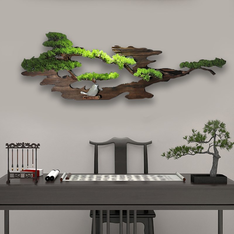 中式竖形木质壁饰玄关沙发背景墙面装饰挂件酒店茶室仿真植物墙饰