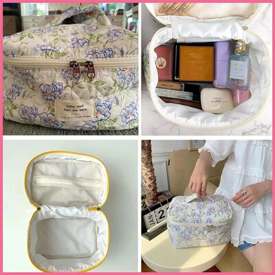 Large Travel Quilted Makeup Bag for Women Floral Cotton Cosm