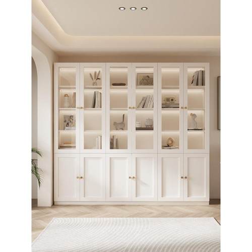 书柜实木储物柜收纳柜玻璃门法式家用防尘展示柜客厅白色书架柜子