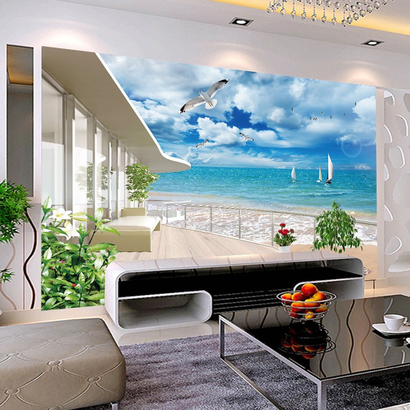 3D立体墙纸海景沙滩风景画自粘墙贴画客厅卧室背景墙壁纸装饰壁画