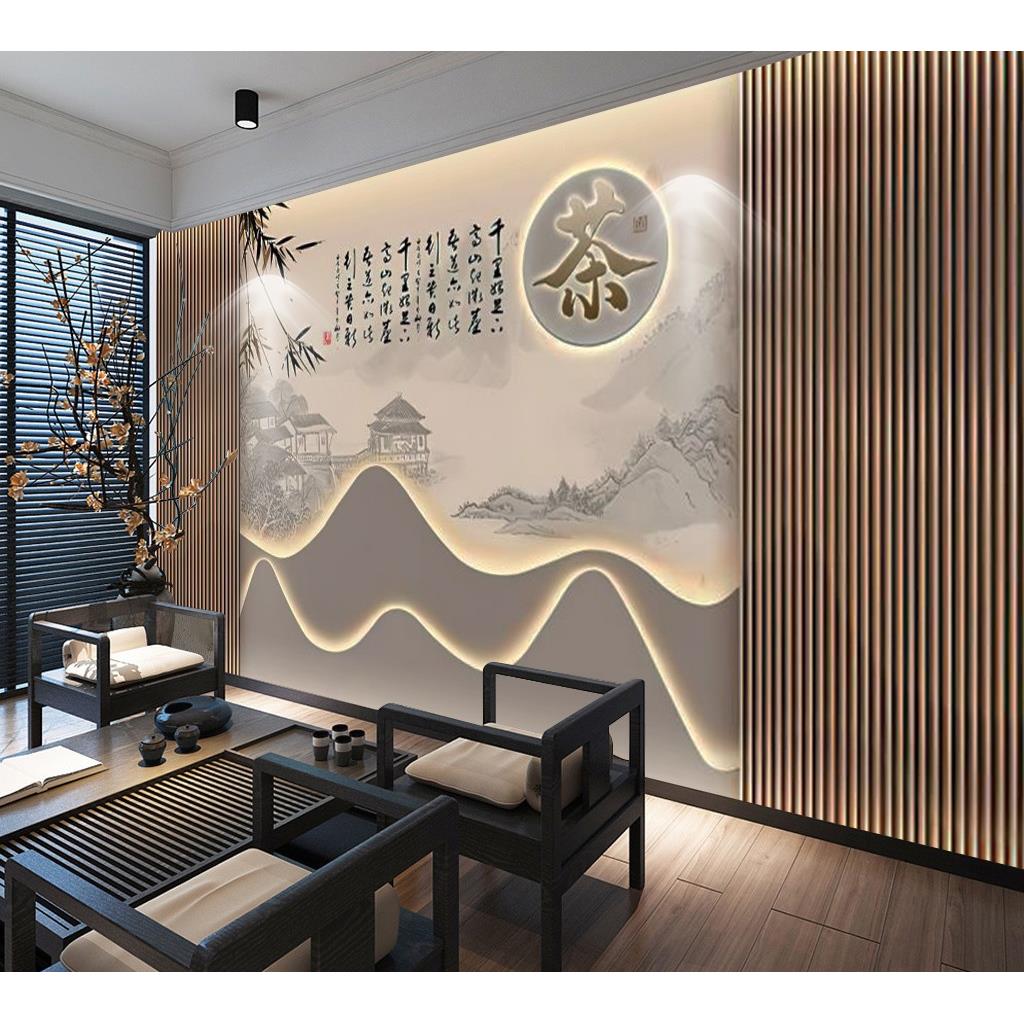 新中式山水茶室墙纸茶桌茶台背景墙装饰壁画茶艺馆茶叶店茶楼壁纸