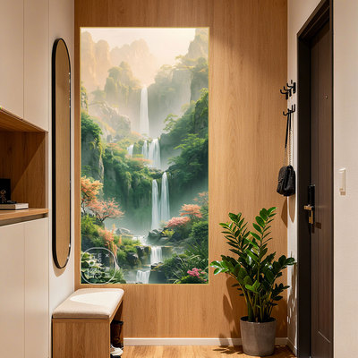 青绿峡谷瀑布装饰贴画森系治愈风客厅玄关意境免打孔山水高清壁画