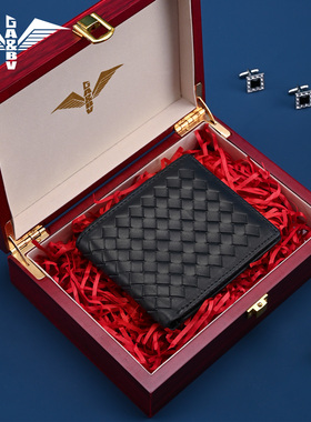 意大利GA&BV羊皮男士钱包编织真皮短款钱夹横款休闲票夹男式皮夹