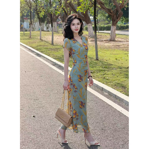 【yola】法式印花连衣裙女夏季鱼尾长裙高级感茶歇裙YS10035