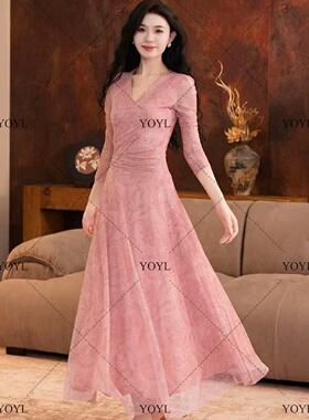 【yola】芸纱秋季新款高级法式显瘦斜领设计A摆连衣裙-YL11803