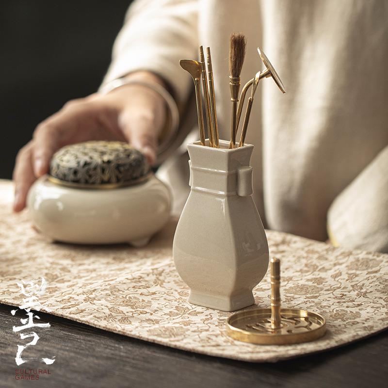 墨己草木灰香道配件用具茶道瓶铜制打香篆工具陶瓷花插瓶