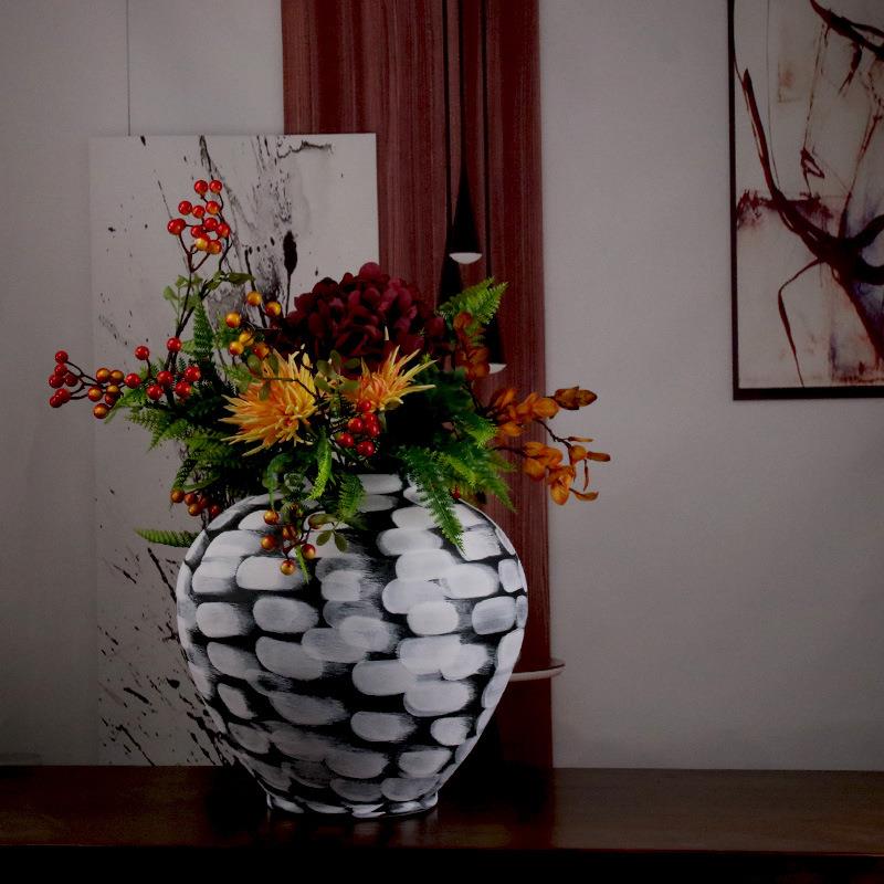 新中式手工绘画创意花瓶插花陶瓷缸摆件台面花器黑白纹理软装饰品