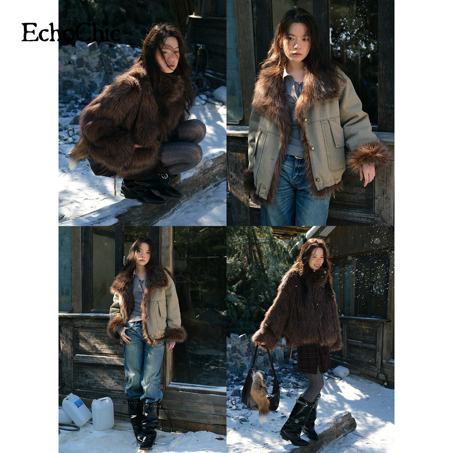 thumbnail for EchoChic "Window Lattice Dawn" large fur collar reversible jacket women's imitation fox fur thick and fluffy winter clothes