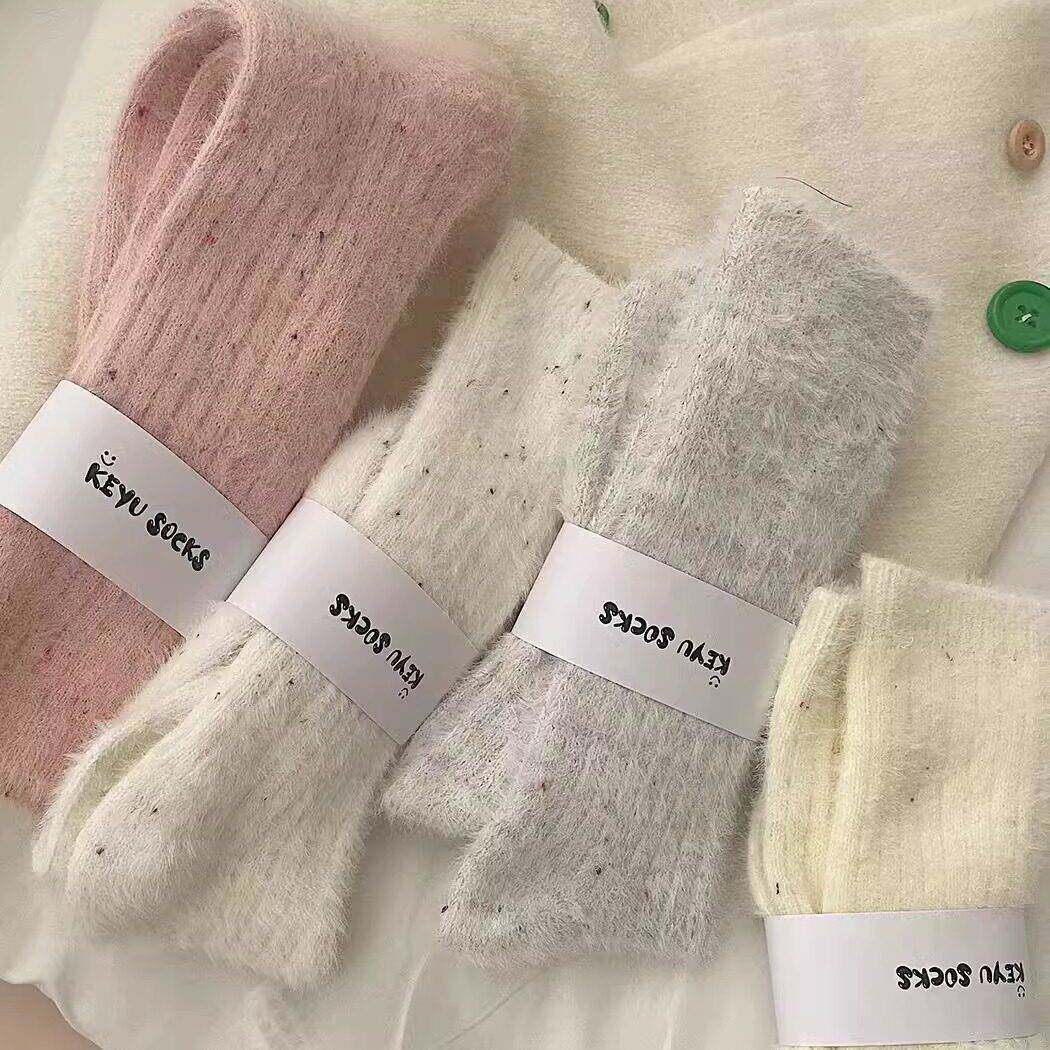 水貂绒袜子秋冬款女韩系纯色点子纱中筒袜加厚毛绒地板堆堆袜巨厚