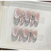 纯手工穿戴甲轻奢高级感锆石亮钻光疗冰透猫眼美甲气质显白可拆卸