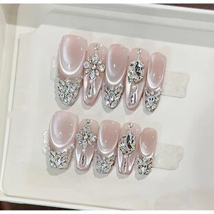 纯手工穿戴甲轻奢高级感锆石亮钻光疗冰透猫眼美甲气质显白可拆卸