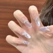 纯手工穿戴甲仙气淡紫猫眼美甲珍珠蝴蝶高级氛围感显白美甲指甲片