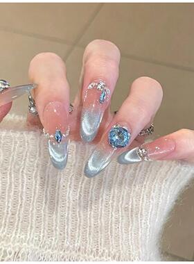 纯手工蓝色爆闪猫眼美甲显白中长款高级感气质穿戴甲可拆卸甲片